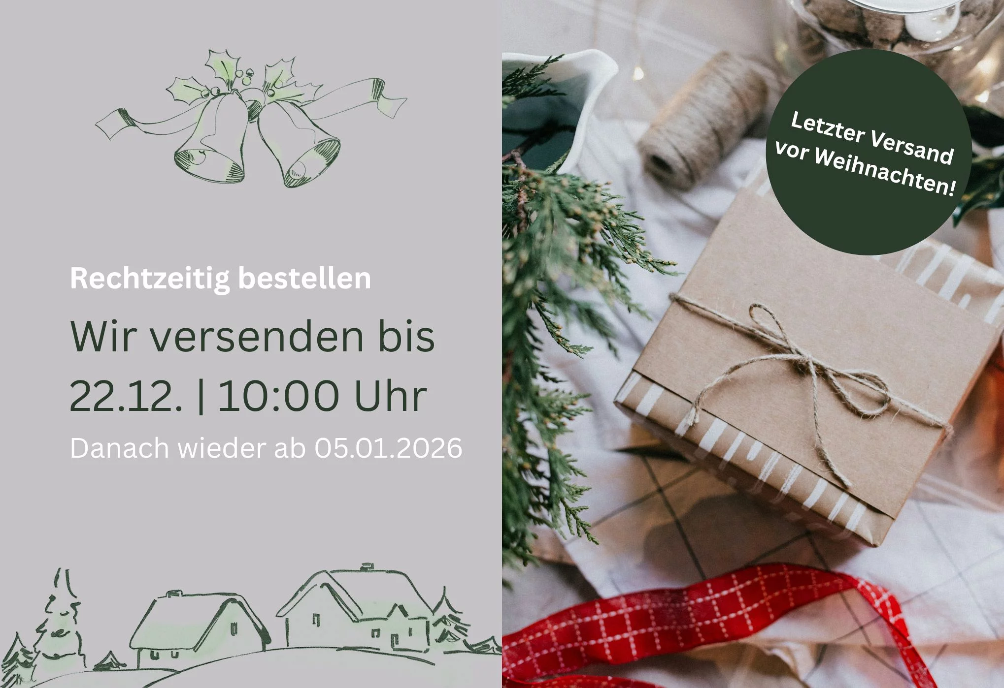 Weihnachtsversand &ndash; Wichtige Hinweise
Bestellungen, die bis zum 22.12.2025 um 10:00 Uhr eingehen, werden noch vor Weihnachten versendet, danach erfolgt der Versand wieder ab dem 05.01.2026. Damit deine Bestellung sicher bis Heiligabend ankommt, empfehlen wir eine Bestellung bis einschlie&szlig;lich 19.12.2025 um 10 Uhr.